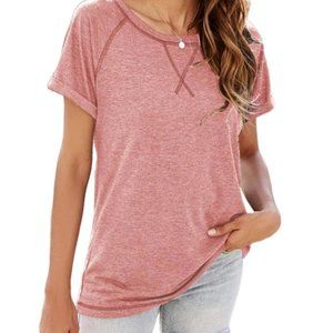 Ayreus Casual Short Sleeve Crew Neck Raglan Side Split Tee Shirt Red Large